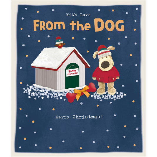 Boofle Standing Next To House From The Dog Christmas Card