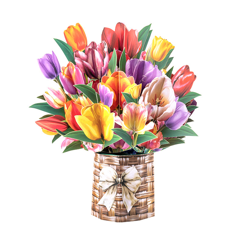 Petals of Joy Tulip Basket 3D Pop Up Greeting Card - Mother's Day Birthday Wedding Anniversary 