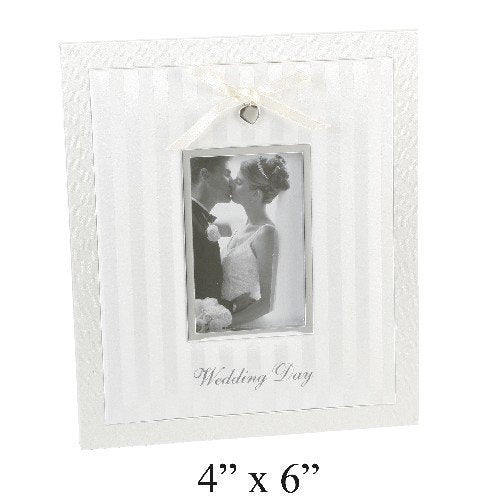 Wedding Day" Ivory/Silver Fabric Frame with Bow - 4" x 6
