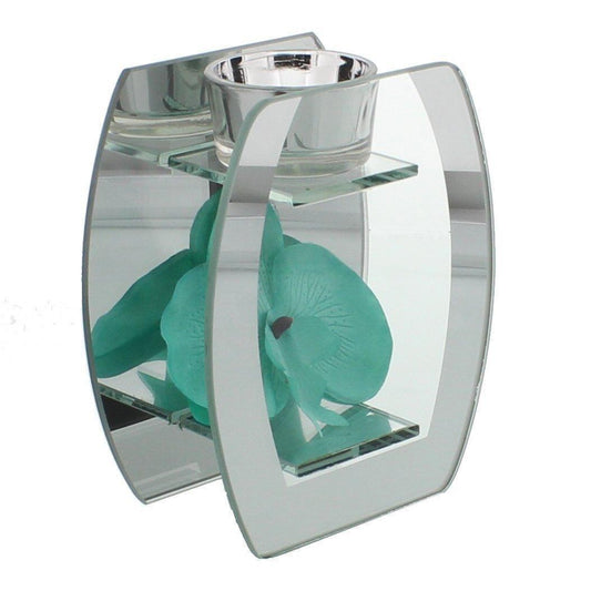 Hestia Glass & Mirror Tea Light Holder Aqua Flowers Curved Side