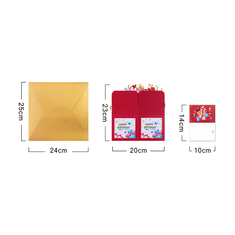 Heart Balloons Bright Red 3D Pop Up Birthday Box Card - Fireworks Cake Surprise Gift Box