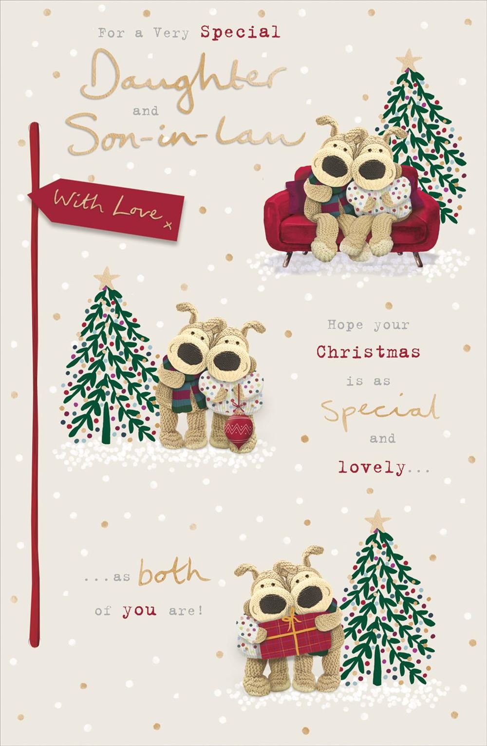 Boofles Next To Xams Tree Storyboard Daughter & Son In Law Christmas Card