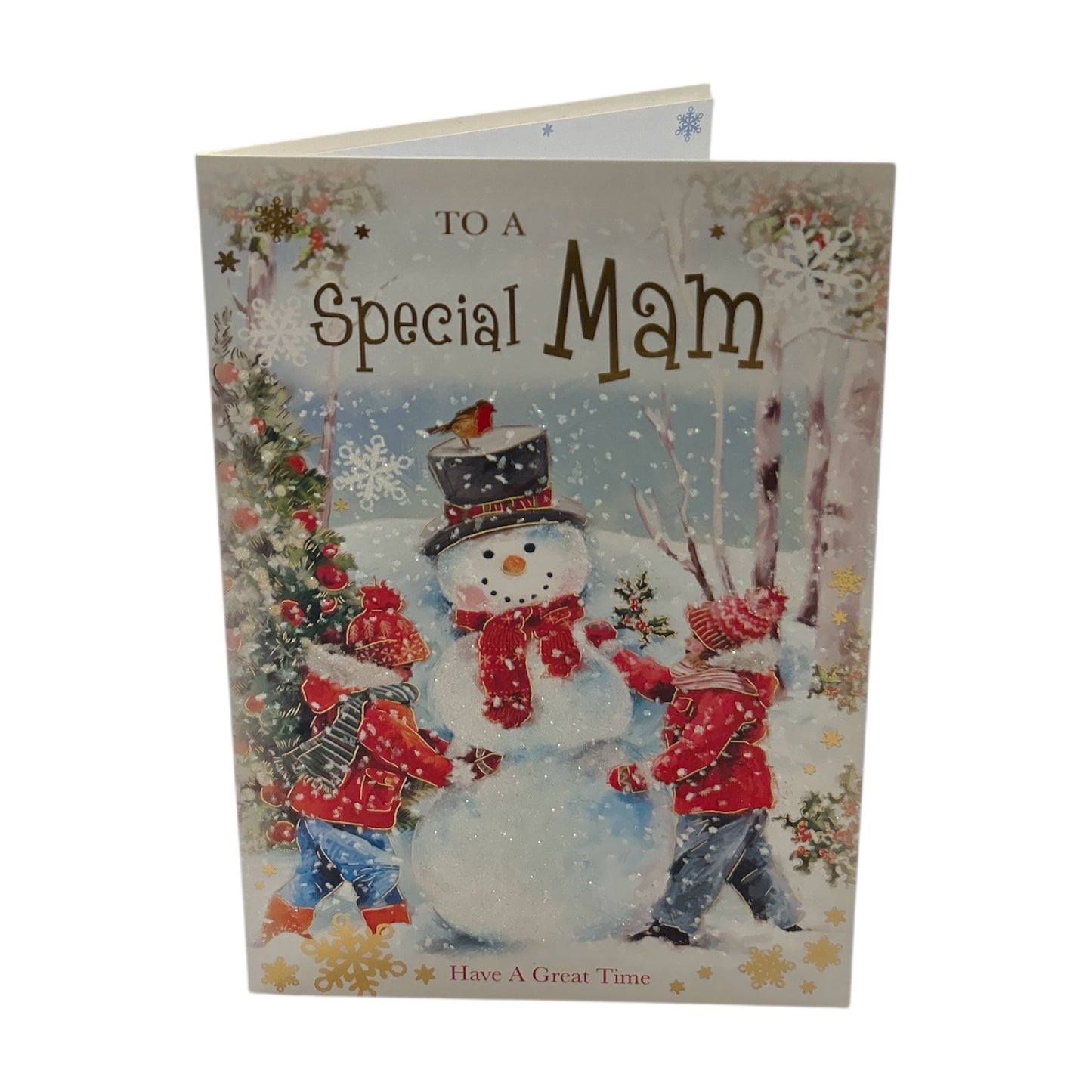 To a Special Mam Snowman Scene with Children Christmas Card