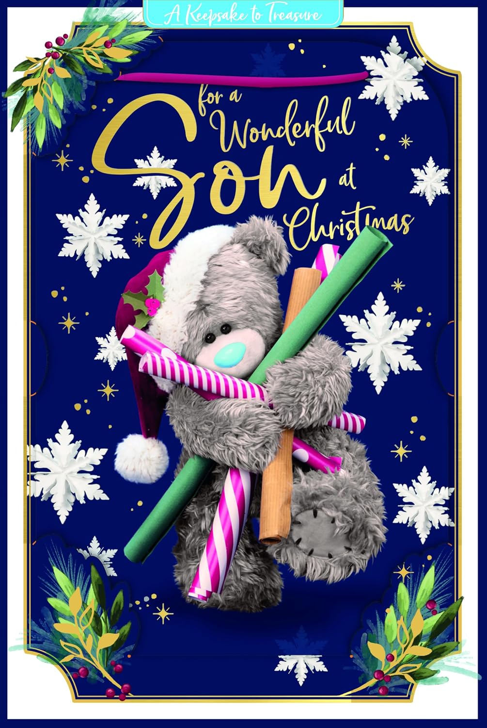 Bear With Wrapping Paper Wonderful Son 3D Christmas Keepsake Card