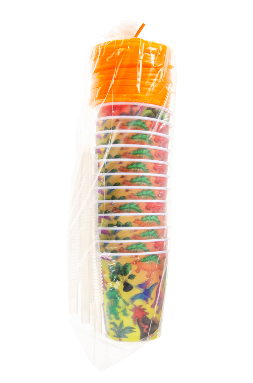 Pack of 12 Dinosaur 3D Cups With Straw and Lid
