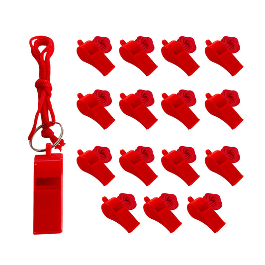 Pack of 15 Red Plastic Whistles with Lanyard