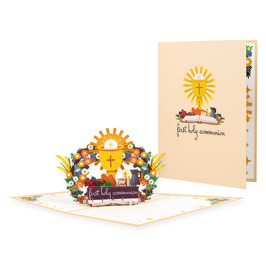 Religious Symbols & Floral First 3D Pop Up Holy Communion Card