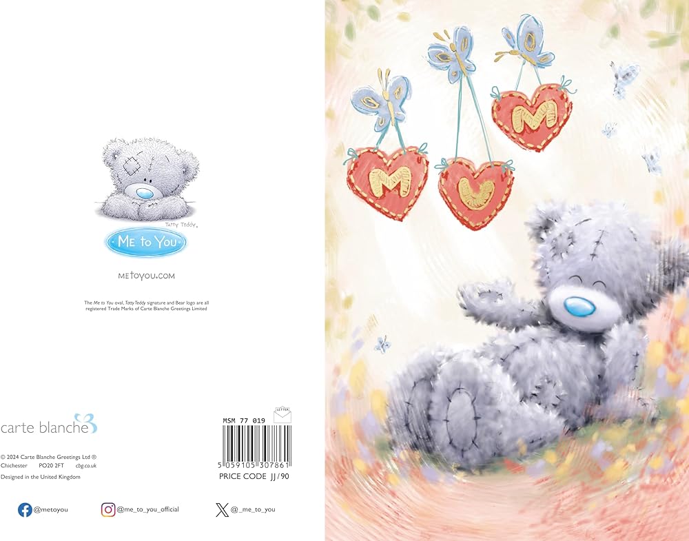 Bear And Hanging Hearts Softly Drawn Mum Mother's Day Card
