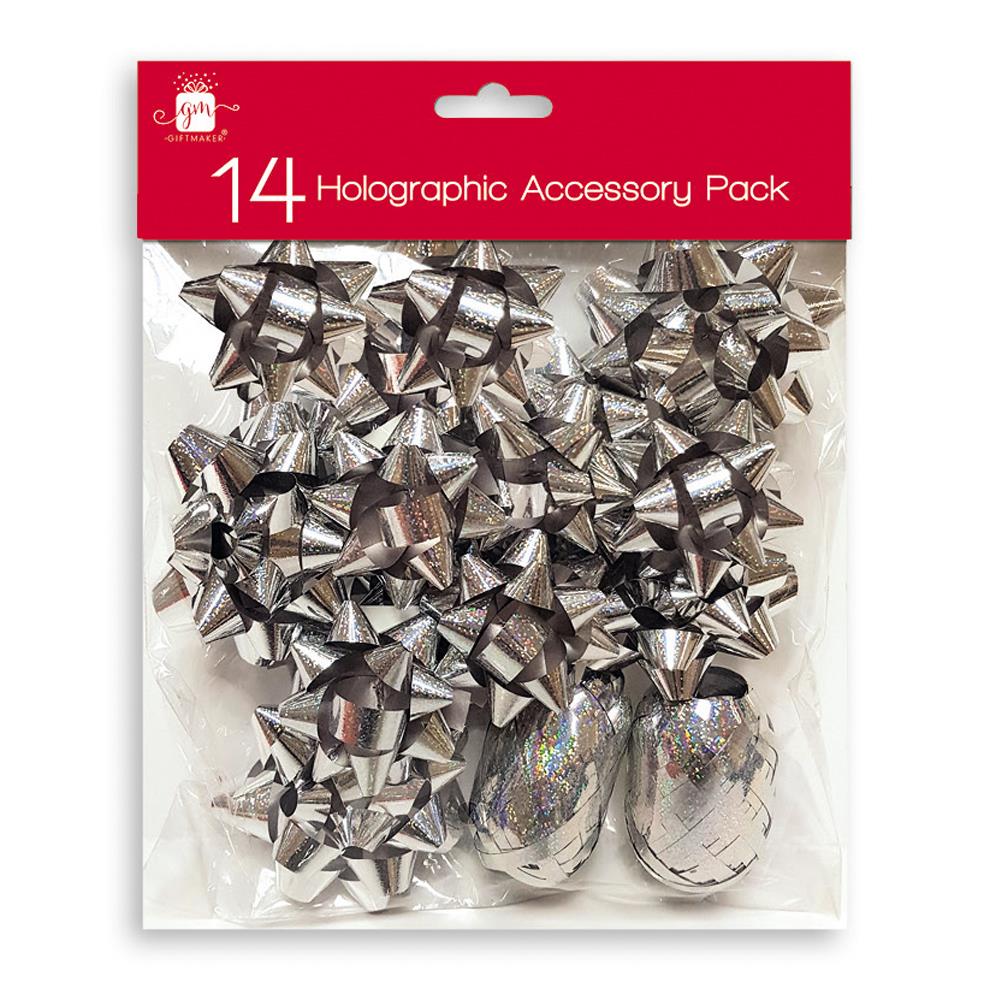 Pack of 14 Pieces Christmas Silver Holographic Gift Bows and Cops