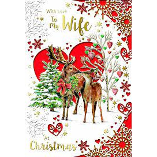 With Love to My Wife Lovely Reindeers Die Cut Heart Design Christmas Card