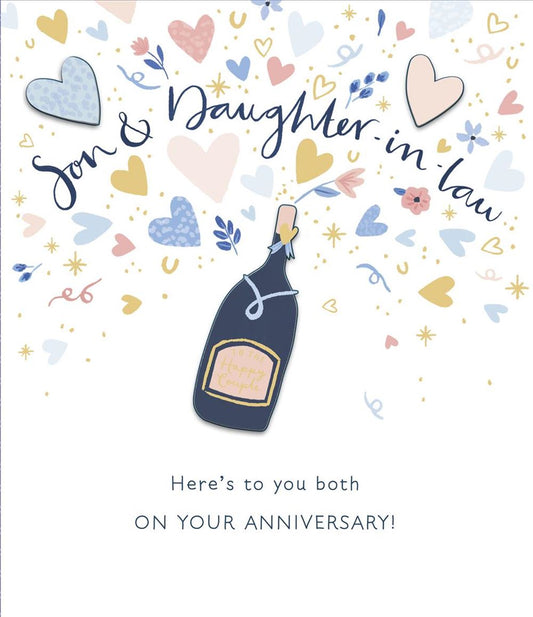 Champagne Bottle and Hearts Design Son & Daughter In Law Anniversary Card