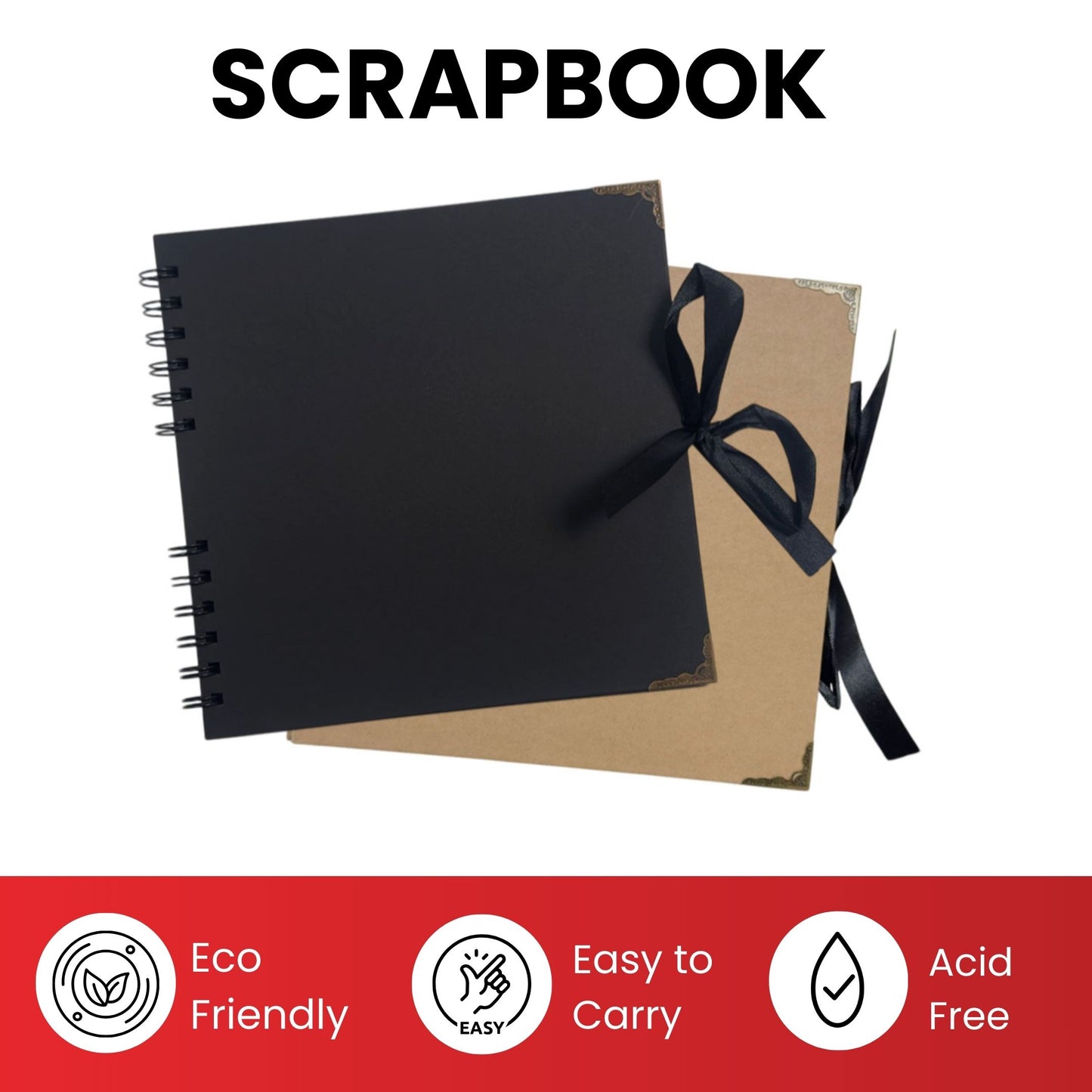 Pack of 12 Spiral Bound 180gsm Black Scrapbooks with Ribbon Closure and Metal Corners - 30 Sheets 20x20cm