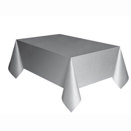 Silver Solid Rectangular Plastic Table Cover, 54"x108"