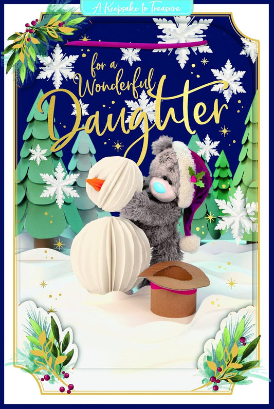 Bear Building A Snowman Wonderful Daughter 3D Christmas Keepsake Card