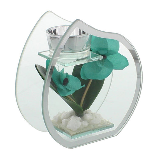 Hestia Glass & Mirror Tea Light Holder Aqua Tear Drop Small