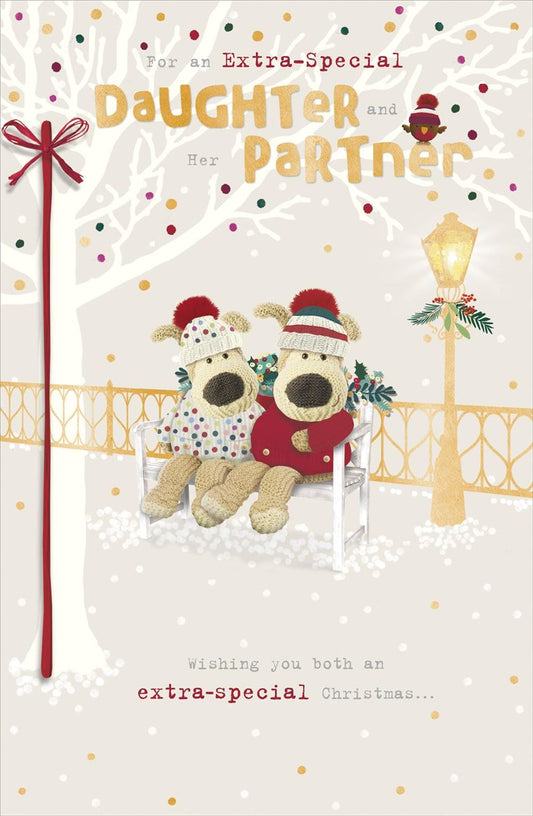 Boofle Couple Sat On Bench Daughter & Partner Christmas Card