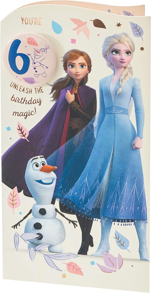 Disney With Elsa, Anna & Olaf Design 6th Birthday Card with Badge