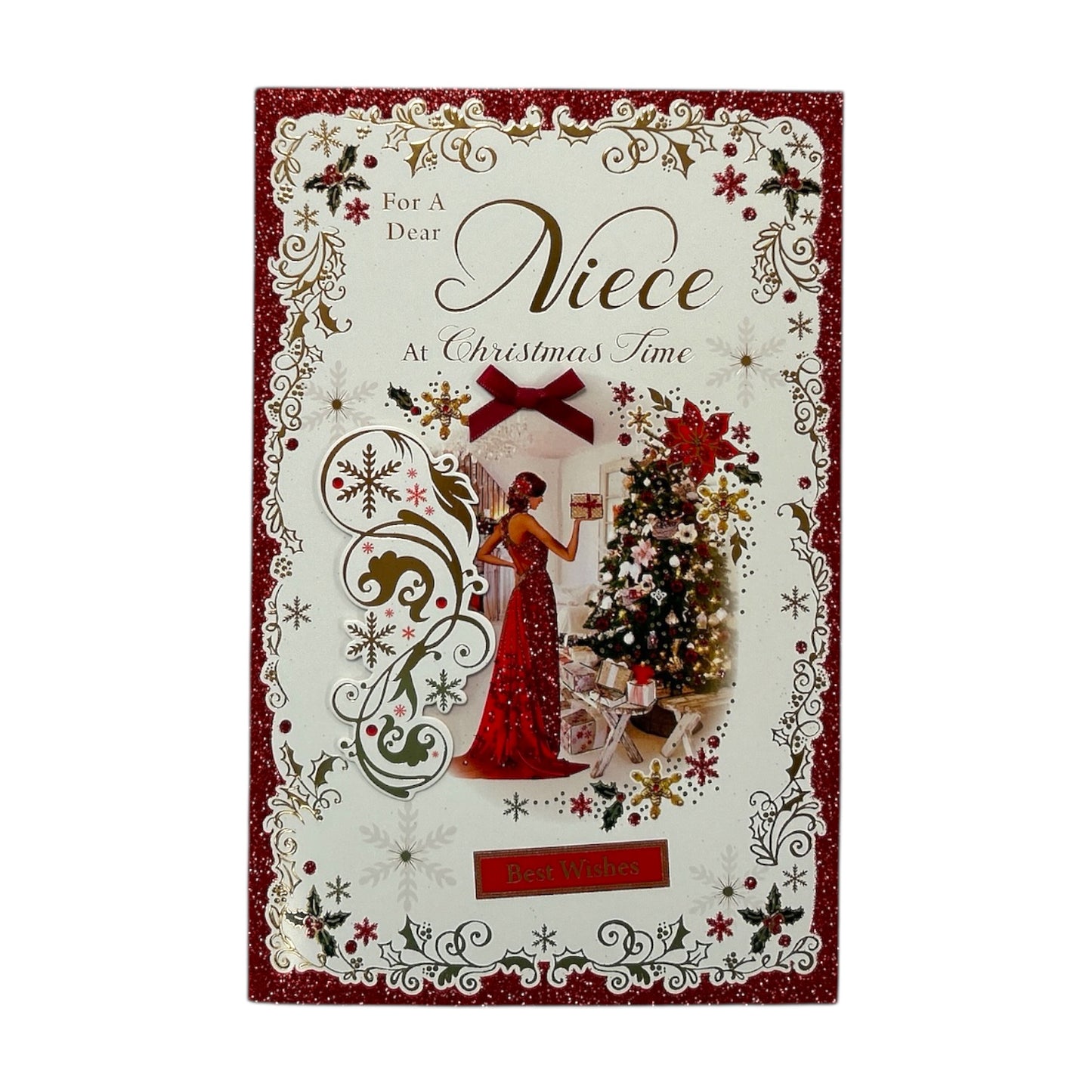 Christmas Wishes for Niece Elegant Red Dress & Festive Decor Card