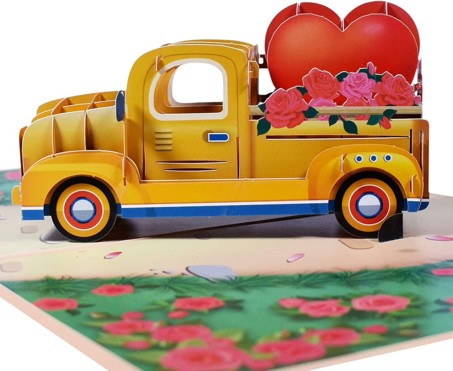 Yellow Vintage Truck with Heart and Roses 3D Pop Up Greeting Card