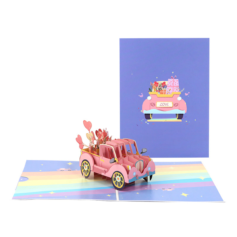 Love Express Pink Car 3D Pop Up Greeting Card - Wedding Valentine's Day Anniversary