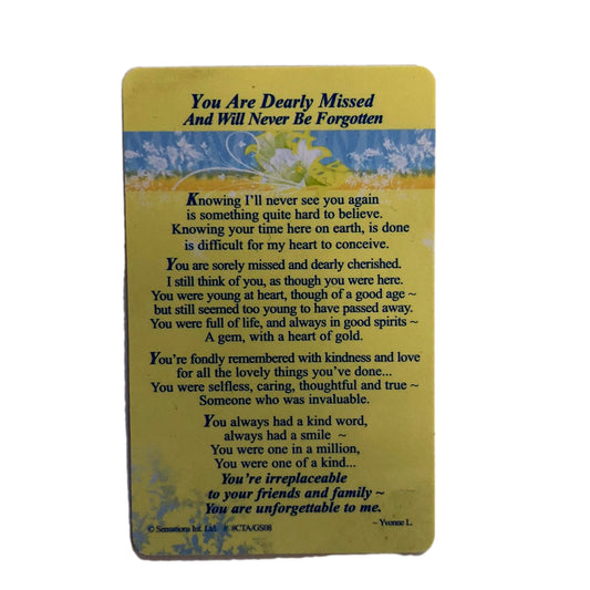 You are Dearly Missed and Will Never be Forgotten Sentimental Graveside Keepsake Wallet / Purse Card