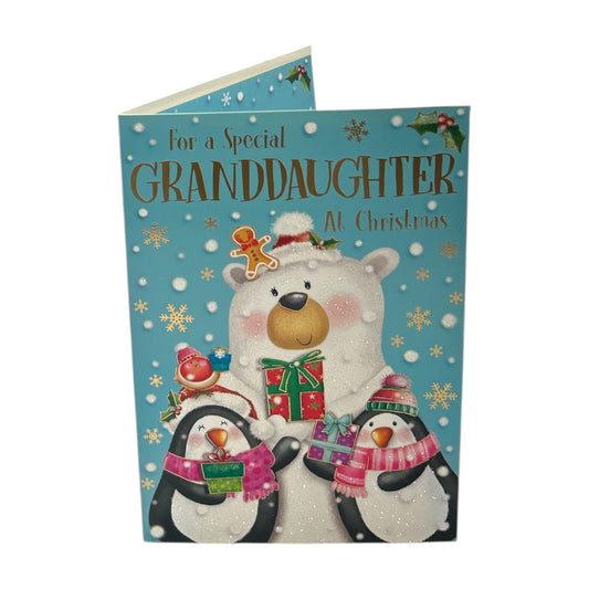 For a Special Granddaughter Polar Bear & Penguins Festive Christmas Card