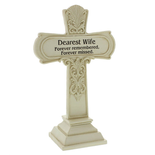 " Dearest Wife " Graveside Memorial Commemorative Cross 19cm Tall~ Heavy Ivory Resin Construction.