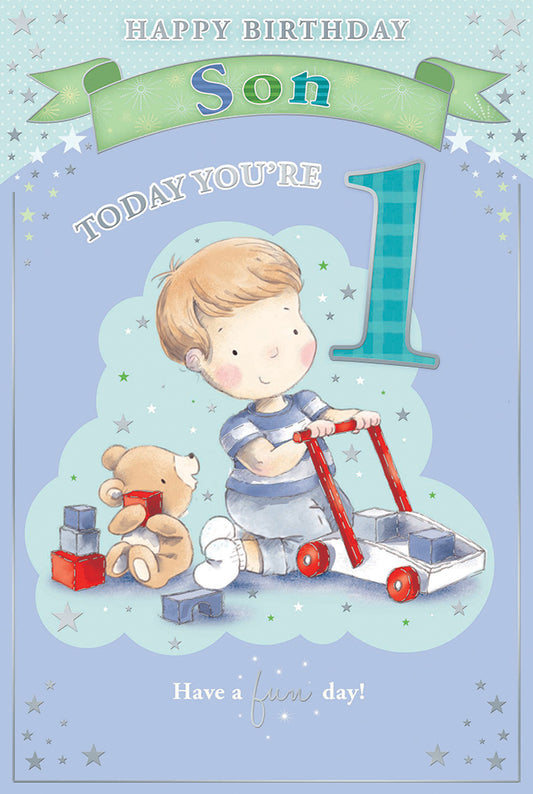 Little Boy Playing With Toy Son Age 1 Candy Club Birthday Card