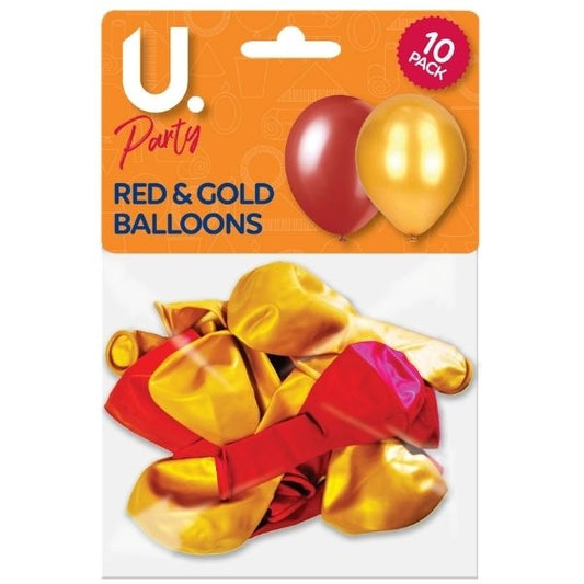 Pack of 10 Red and Gold Metallic Balloons
