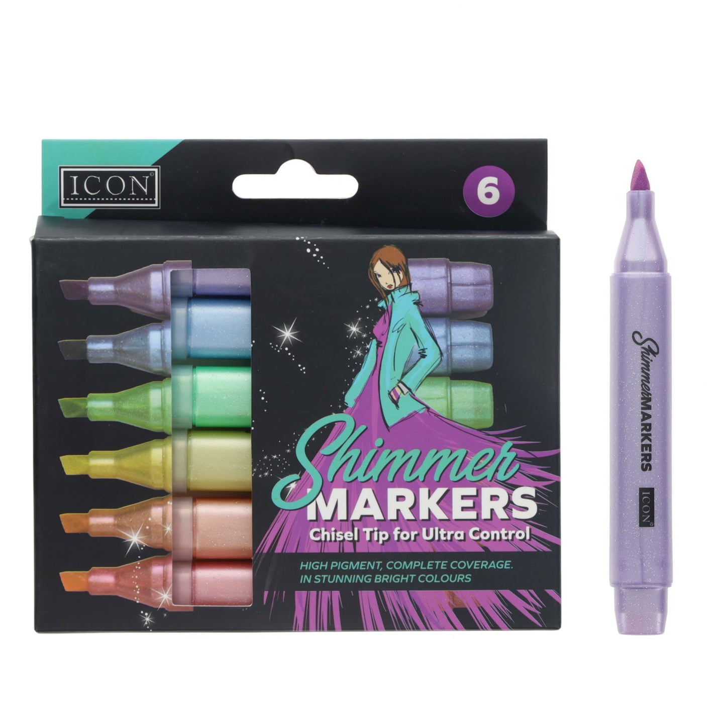 Pack of 6 Chisel Tip Shimmer Markers by Icon
