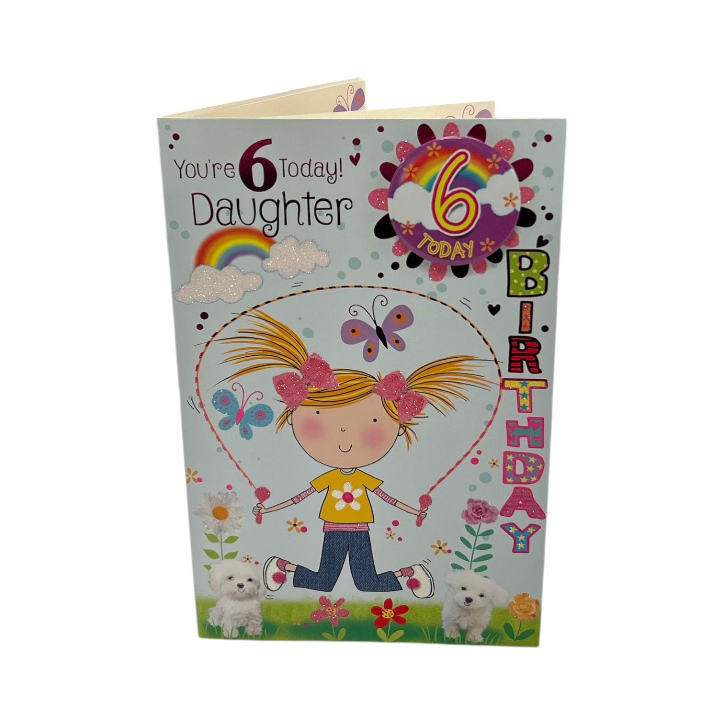 To Daughter Age 06 Girl Skipping Juvenile Birthday Card With Badge