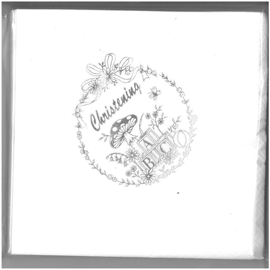Pack of 15 Luxury Christening Toadstool Design Silver Foil Finished Large Napkins (3 Ply)