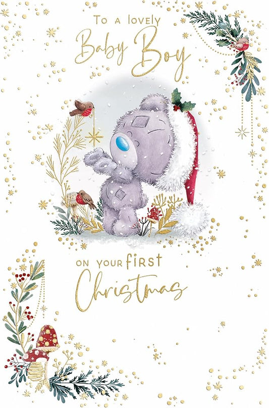 Bear In Santa Hat Baby Boy's First Christmas Card