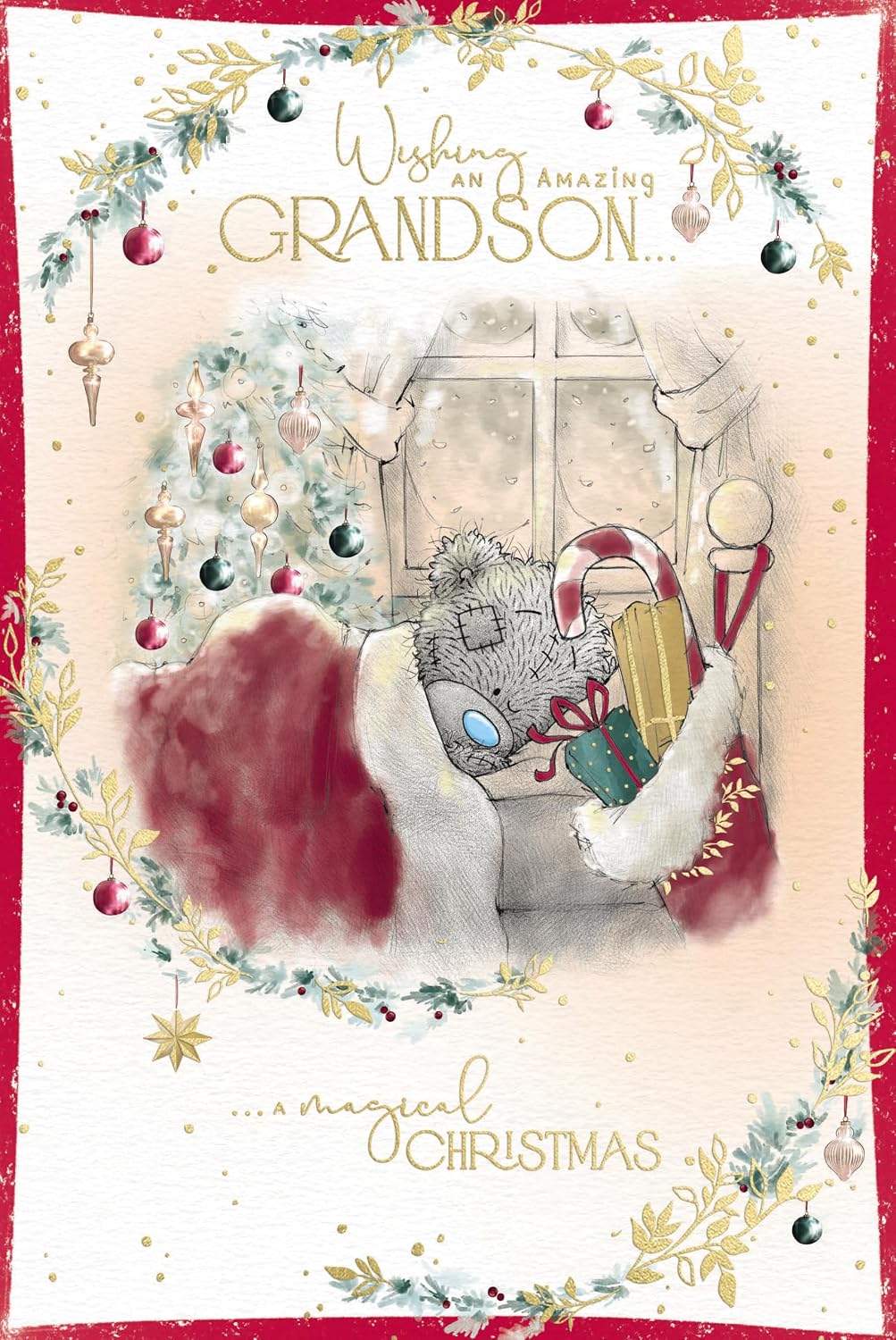 Bear Next To A Stocking Of Presents Amazing Grandson Christmas Card