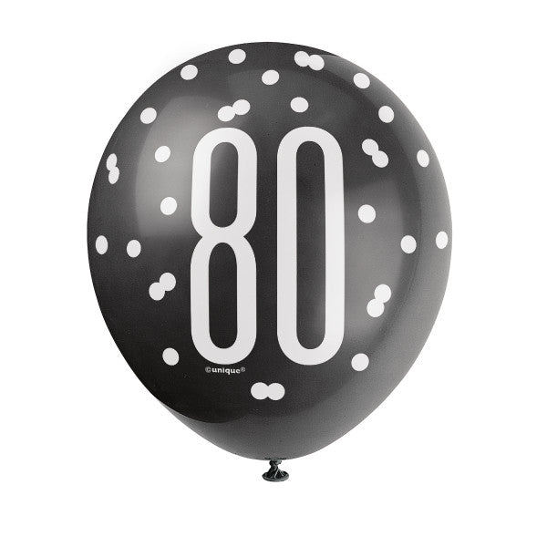 Pack of 6 Birthday Glitz Black, Silver, & White Number 80 12" Latex Balloons