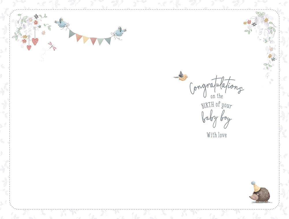 Bear In Basket With Fox Birth Of Boy Congratulations Card