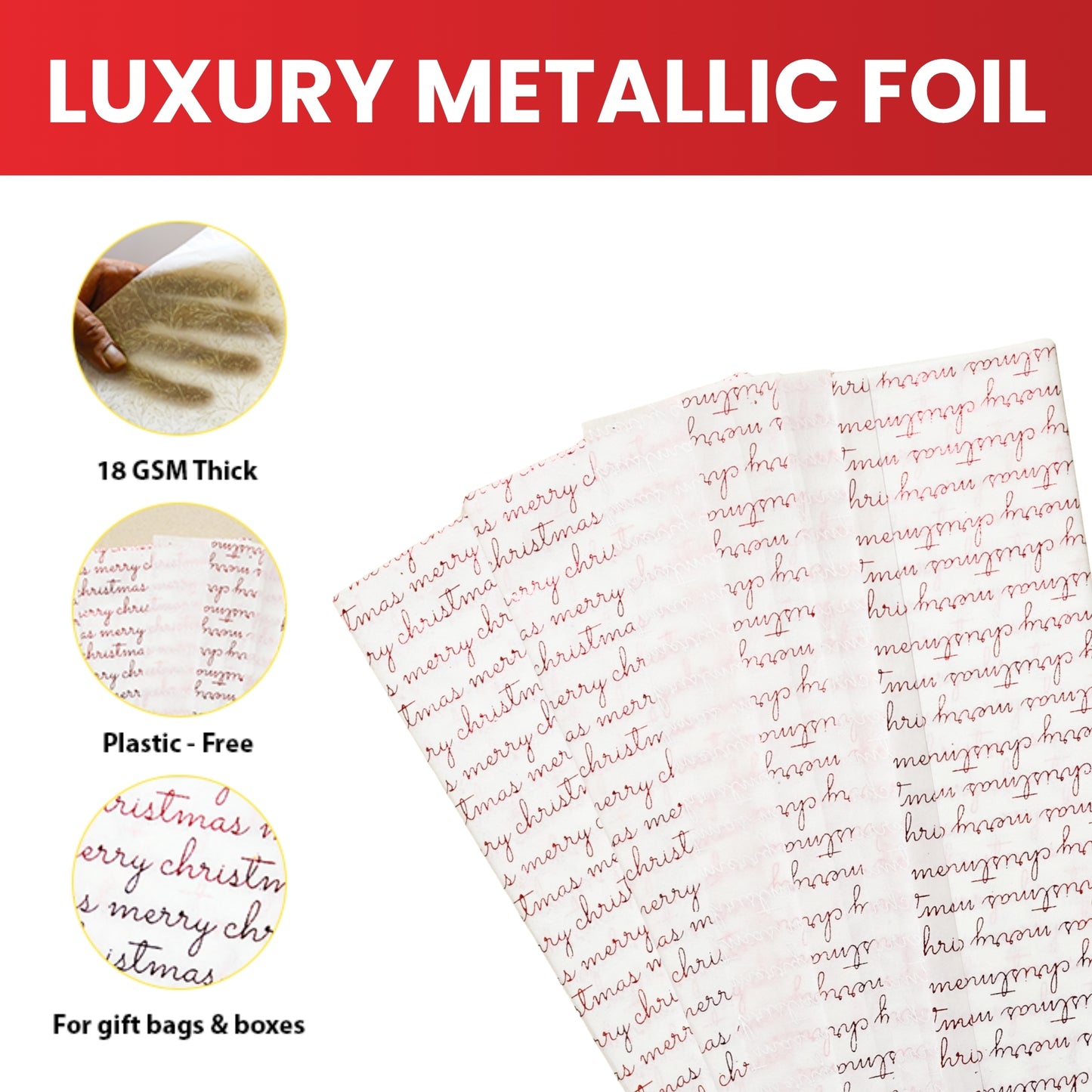 12 x Pack of 10 Merry Christmas Luxury Red Metallic Plastic-Free 18gsm Tissue Paper Sheets 50x70cm - Patterned Tissue Paper for Xmas, New Year, Party, Wedding, Birthday Packing Present Gift Box DIY Art Crafts