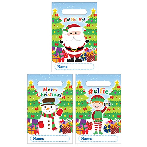 Pack of 12 Assorted Christmas Time Party Bags - Snowmen, Santa, Robin