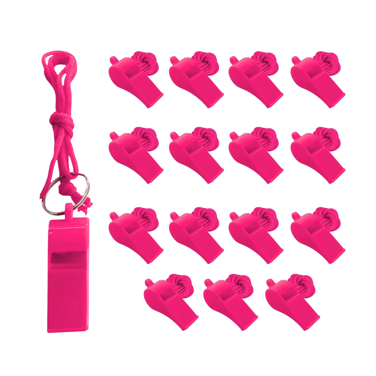 Pack of 100 Pink Plastic Whistles with Lanyard Neck Cord
