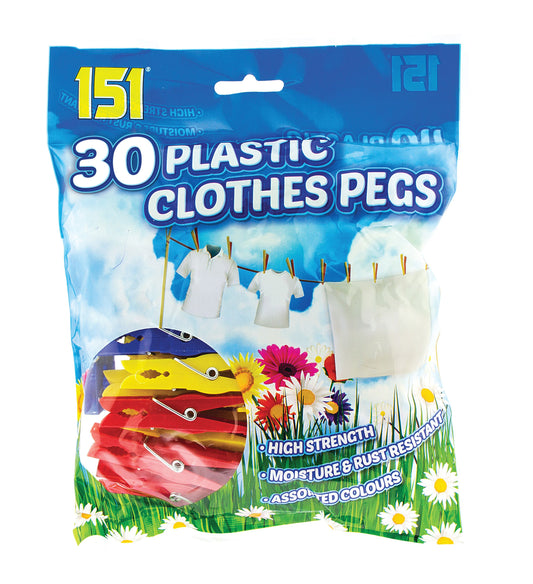 Pack of 30 Assorted Colours Plastic Clothes Pegs