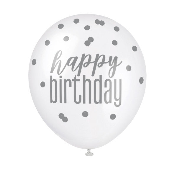 Pack of 6 12" Glitz Petal Pink, Spring Lavender, & White Latex Balloons "Happy Birthday"