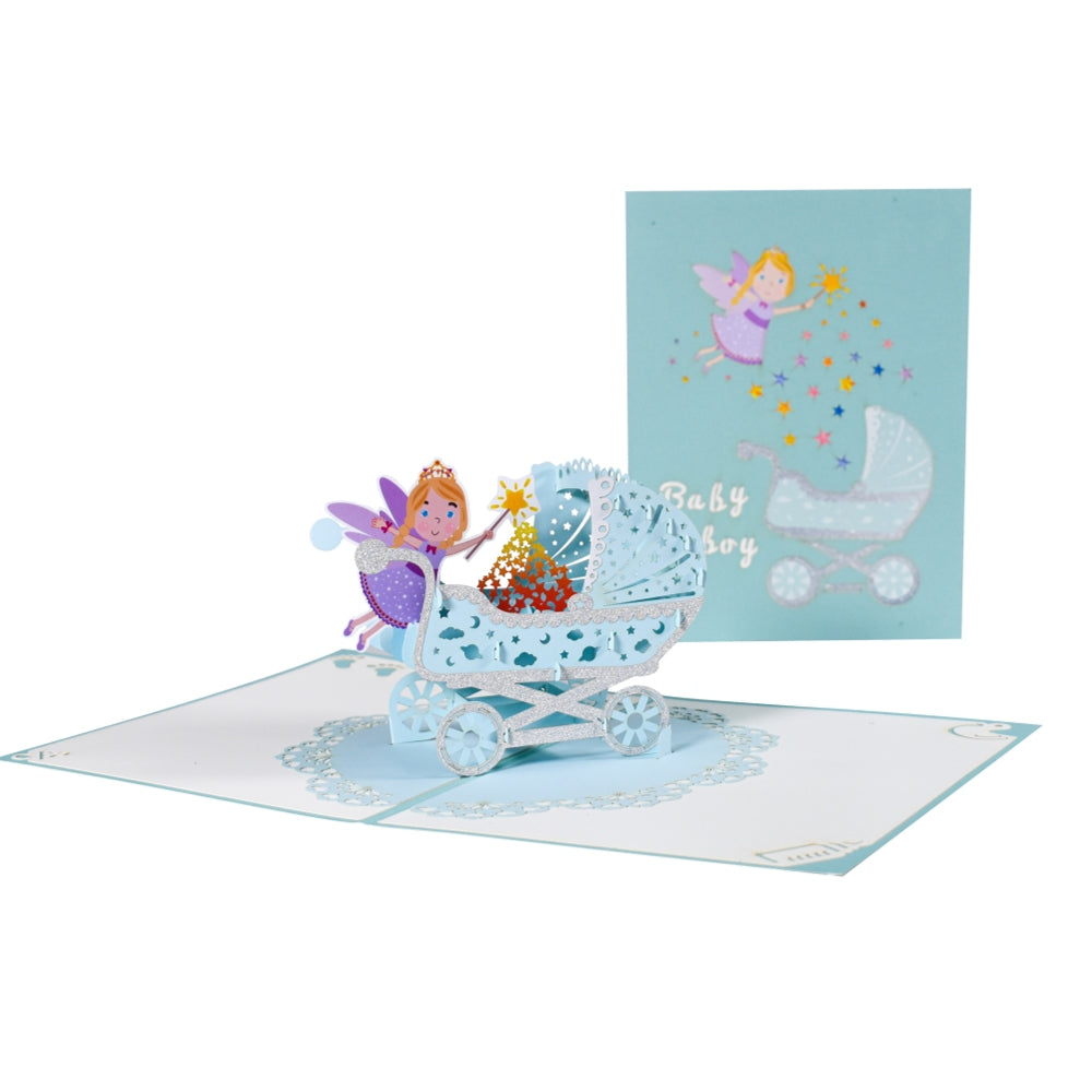 Blue Baby Boy Carriage and Fairy 3D Pop Up Baby Shower Greeting Card