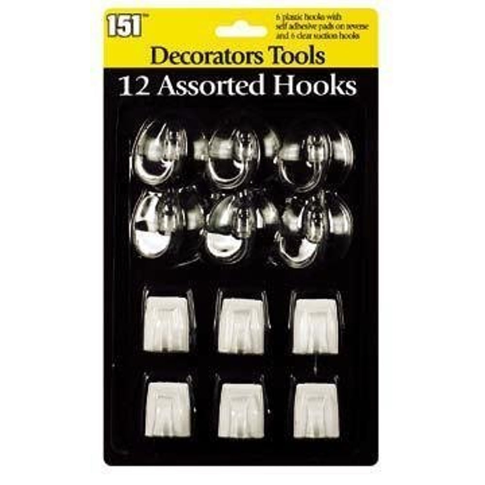 12 Assorted Hooks - 6 Suction Hooks 6 Self Adhesive Plastic Hooks