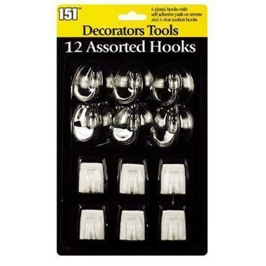12 Assorted Hooks - 6 Suction Hooks 6 Self Adhesive Plastic Hooks