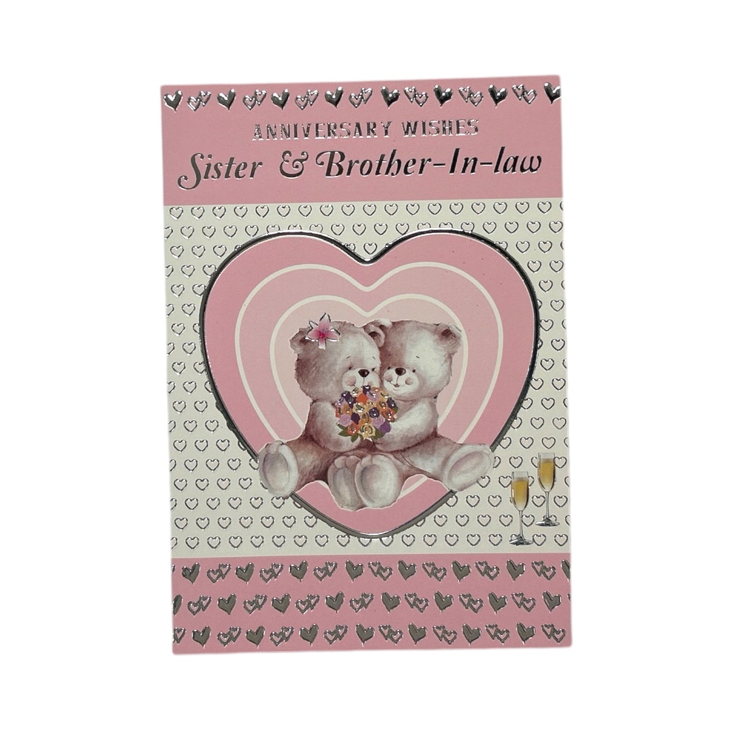 Sister and Brother-in-law Cute Teddies In Pink Heart Anniversary Card
