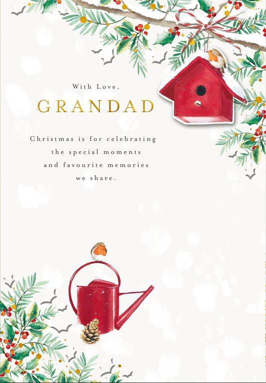 Birdhouse and Watering Can Grandad Christmas Card