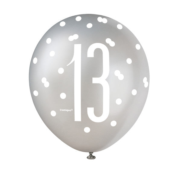 Pack of 6 Birthday Black Glitz Number 13 12" Latex Balloons