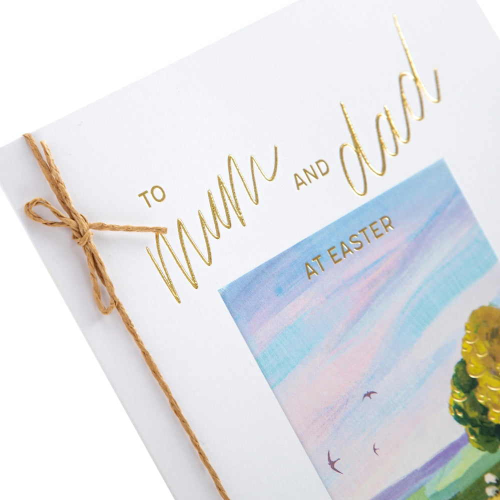 Classic Spring Field Design with Gold Foil & String Attachment Mum and Dad Easter Card