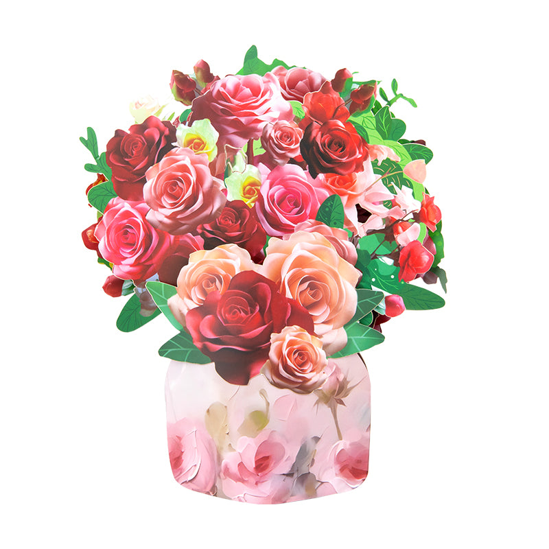 Blushing Blooms Rose Bouquet 3D Pop Up Vase Greeting Card - Birthday Anniversary Mother's Valentine's Day