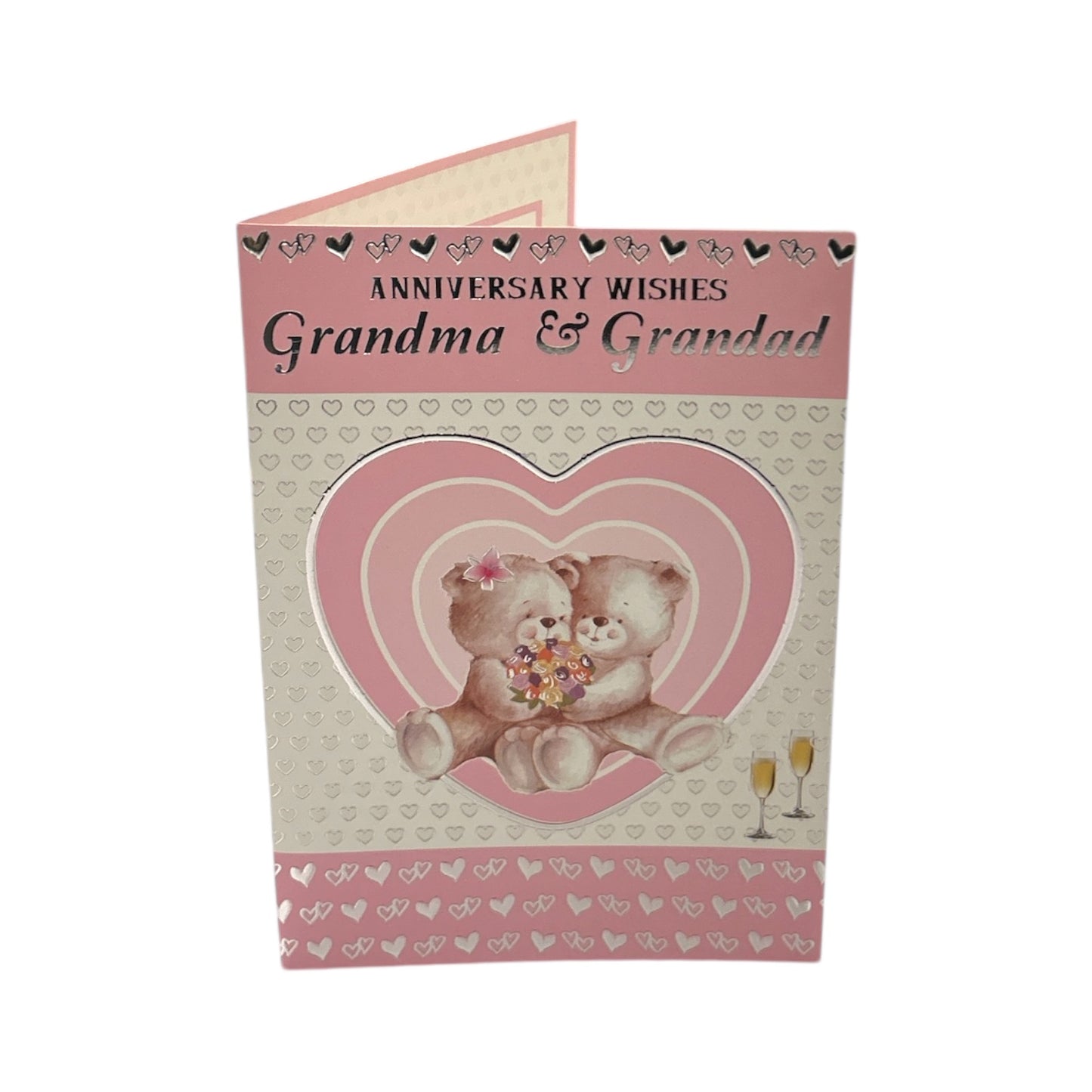 Grandma & Grandad Cute Teddies In Pink Heart Anniversary Card